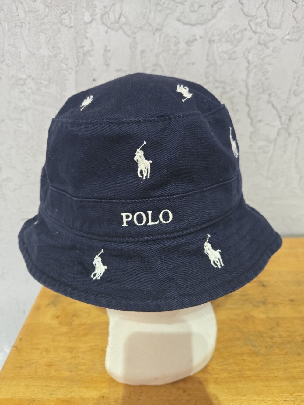 Polo Ralph Lauren Allover Embroidered Pony Bucket Hat Navy White Sz S/M